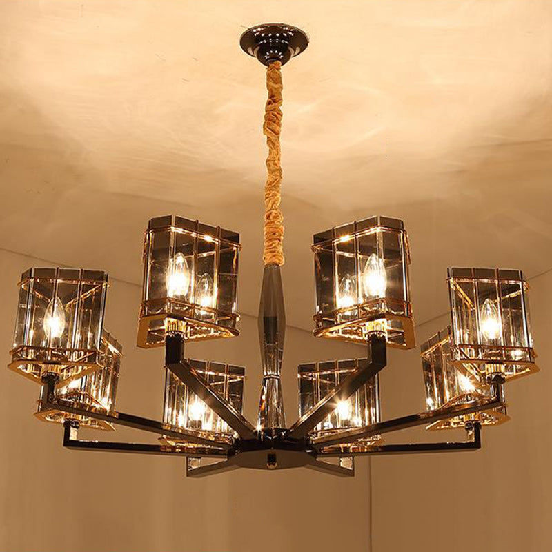 Triangle Hanging Chandelier Modernism Crystal 28"/35.5" Wide 6/8 Heads Black Pendant Light Fixture with Metal Arm