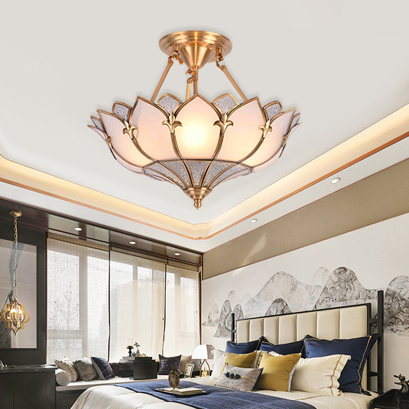 4/6/8 Heads Metal Semi Flush Light Traditionalist Brass Lotus Living Room Ceiling Mount Chandelier, 18"/25"/31.5" W