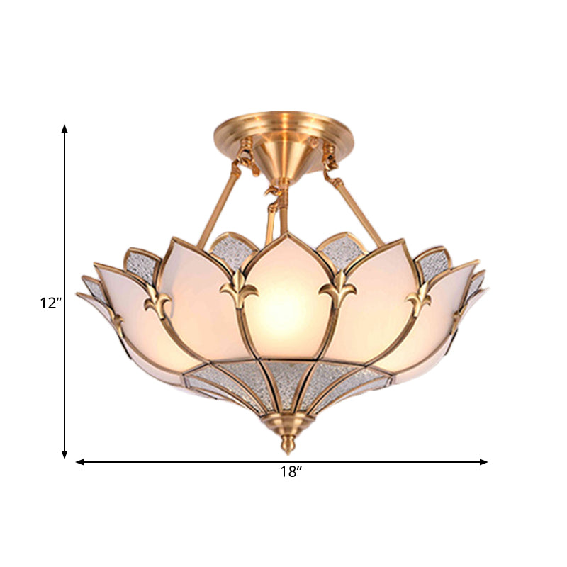 4/6/8 Heads Metal Semi Flush Light Traditionalist Brass Lotus Living Room Ceiling Mount Chandelier, 18"/25"/31.5" W