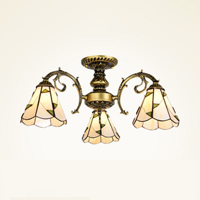 Traditional Leaf Semi Flushmount Beige Glass Shade 3 Light Semi Flush Lamp in White/Antique Brass for Dining Room