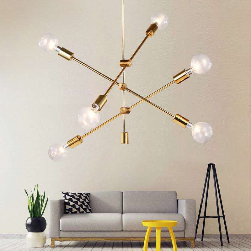 Post-modern Style Minimalist Chandelier Open Bulb Design Geometric Lines Straight Rod Hanging Light