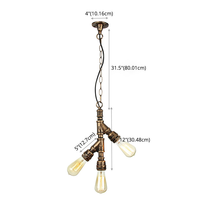 Industrial Water Pipe Chandelier Pendant 3-Light Metallic Suspension Lighting for Living Room