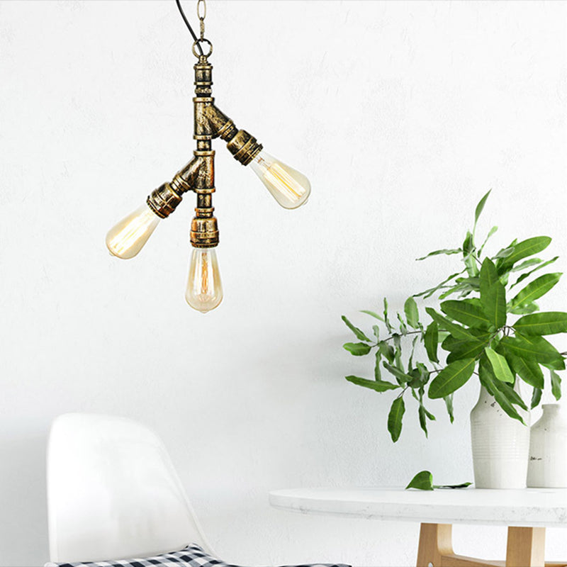 Industrial Water Pipe Chandelier Pendant 3-Light Metallic Suspension Lighting for Living Room