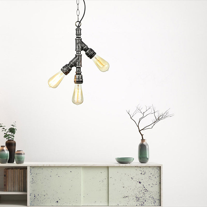 Industrial Water Pipe Chandelier Pendant 3-Light Metallic Suspension Lighting for Living Room