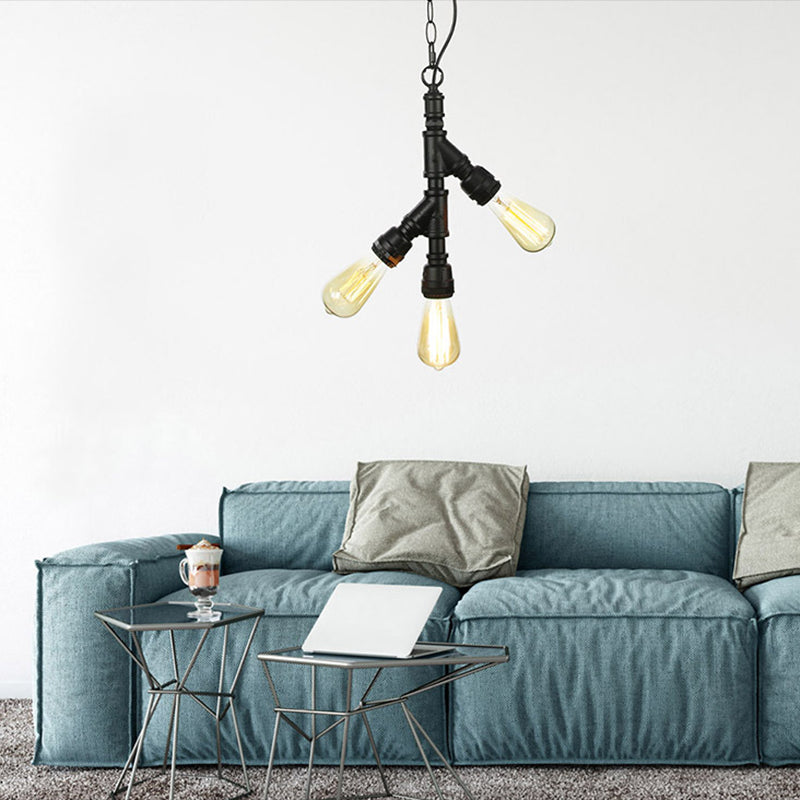 Industrial Water Pipe Chandelier Pendant 3-Light Metallic Suspension Lighting for Living Room