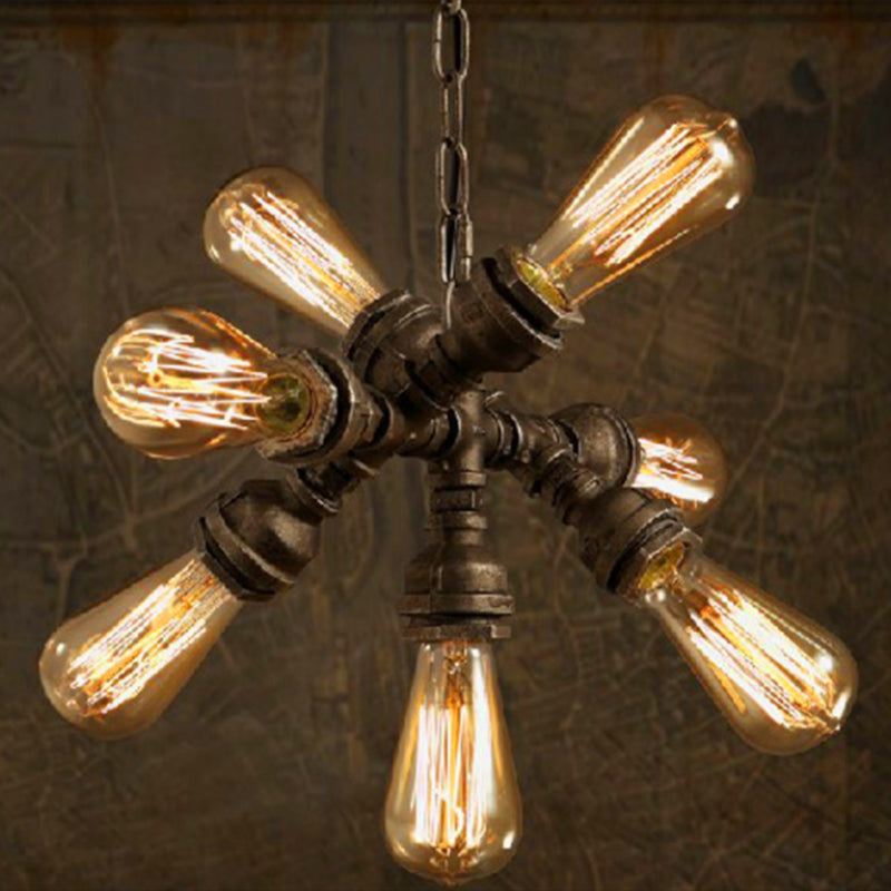 7-Light Adjustable Pipe Chandelier Steampunk Style Wrought Iron Pendant Light Fixture