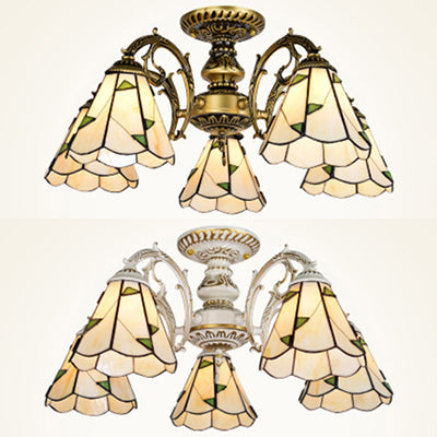 Conical Semi Flush Light Vintage Lodge Stained Glass 3/5 Heads Flush Ceiling Light in White/Antique Brass for Foyer