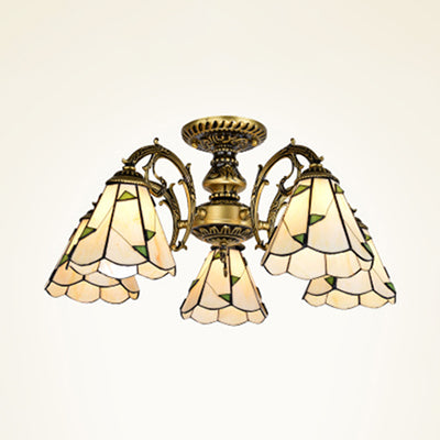 Conical Semi Flush Light Vintage Lodge Stained Glass 3/5 Heads Flush Ceiling Light in White/Antique Brass for Foyer