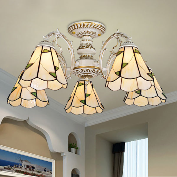 Conical Semi Flush Light Vintage Lodge Stained Glass 3/5 Heads Flush Ceiling Light in White/Antique Brass for Foyer