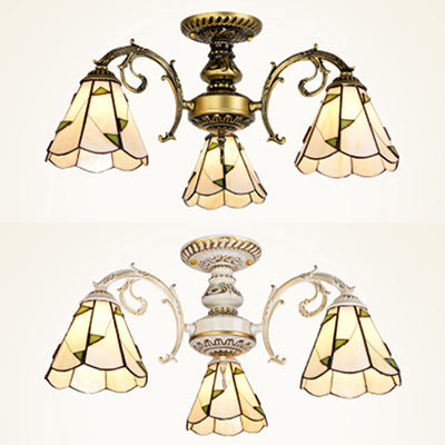 Conical Semi Flush Light Vintage Lodge Stained Glass 3/5 Heads Flush Ceiling Light in White/Antique Brass for Foyer