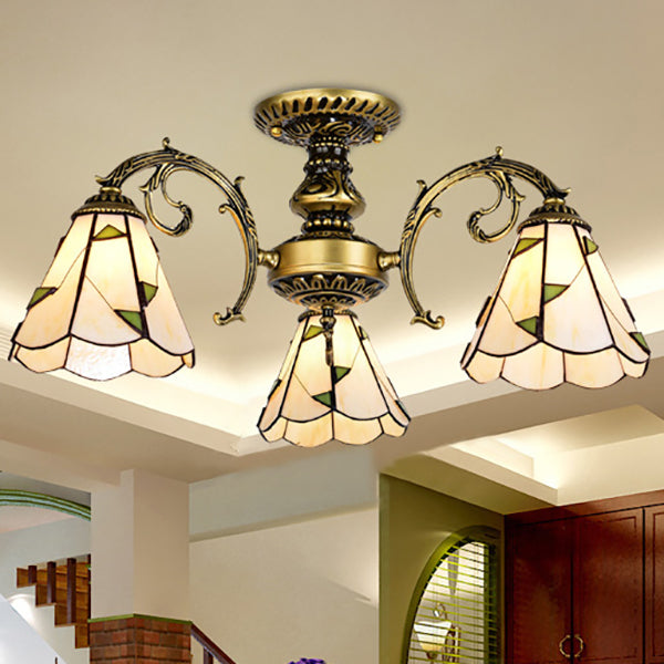 Conical Semi Flush Light Vintage Lodge Stained Glass 3/5 Heads Flush Ceiling Light in White/Antique Brass for Foyer