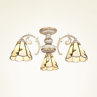 Conical Semi Flush Light Vintage Lodge Stained Glass 3/5 Heads Flush Ceiling Light in White/Antique Brass for Foyer