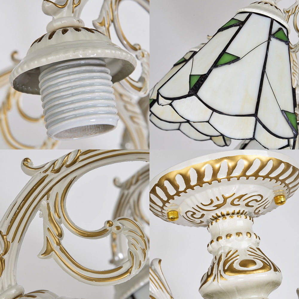 Conical Semi Flush Light Vintage Lodge Stained Glass 3/5 Heads Flush Ceiling Light in White/Antique Brass for Foyer