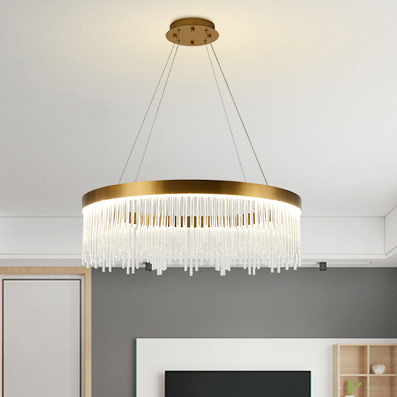 Tube Hanging Chandelier Modernist Crystal LED Brass Ceiling Pendant Light in Warm/White Light, 16"/23.5"/31.5" Wide