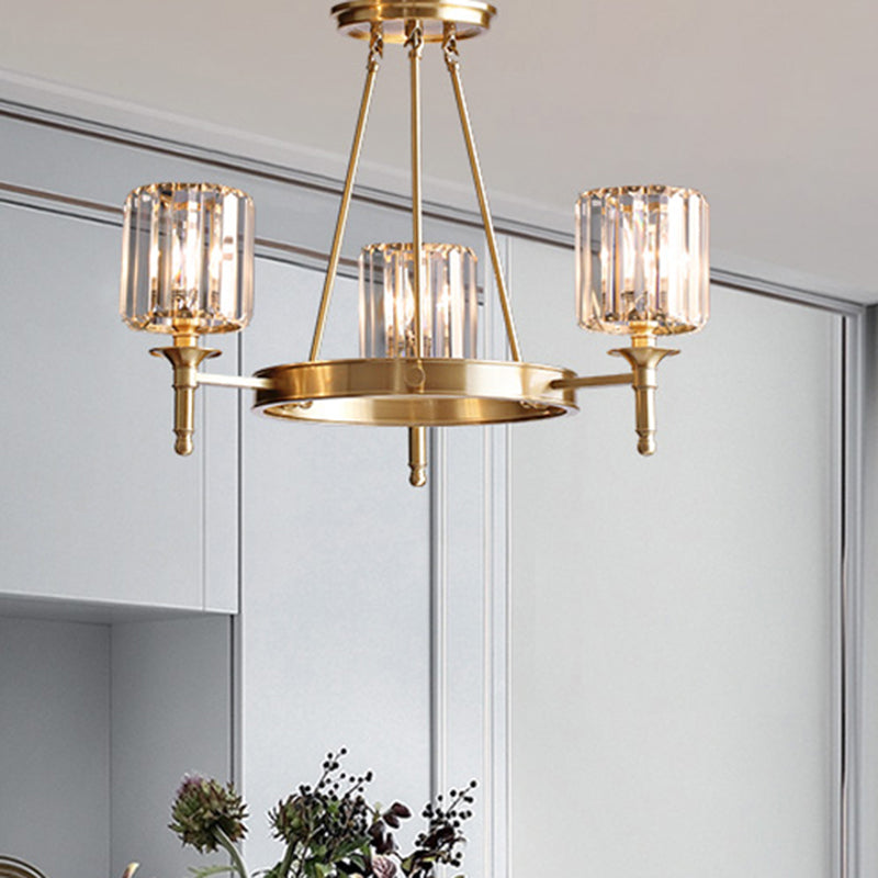 Faceted Crystal Cylinder Chandelier Lighting Modernist 3/5/6 Bulbs Ceiling Pendant Light in Brass