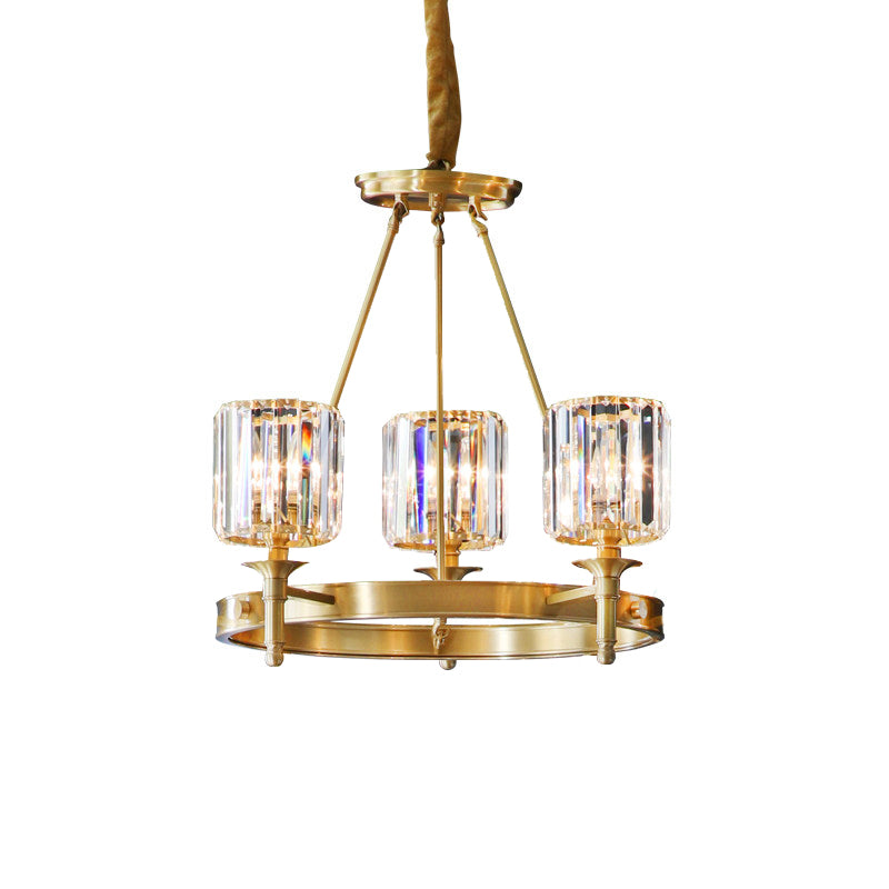 Faceted Crystal Cylinder Chandelier Lighting Modernist 3/5/6 Bulbs Ceiling Pendant Light in Brass