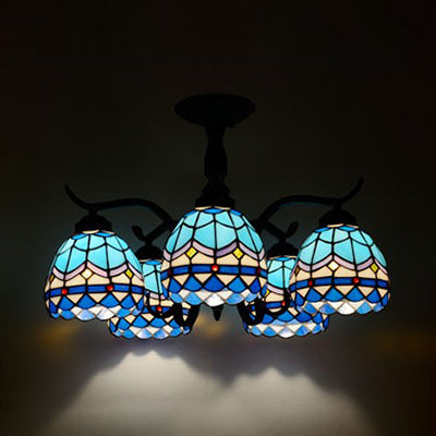 3/5 Lights Semi Flushmount with Shade Tiffany Style Stained Glass Semi Flush Lamp in Red/Blue/Green/Blue-White for Stairway