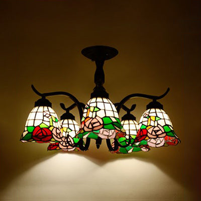 3/5 Lights Semi Flushmount with Shade Tiffany Style Stained Glass Semi Flush Lamp in Red/Blue/Green/Blue-White for Stairway