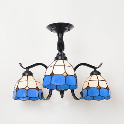 3/5 Lights Semi Flushmount with Shade Tiffany Style Stained Glass Semi Flush Lamp in Red/Blue/Green/Blue-White for Stairway