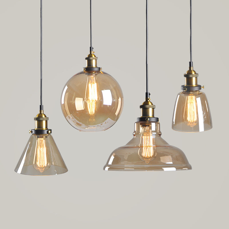 Retro Industrial 1 Light Pendant Amber Handblown Glass Dome Pendant Lighting  for Living Room