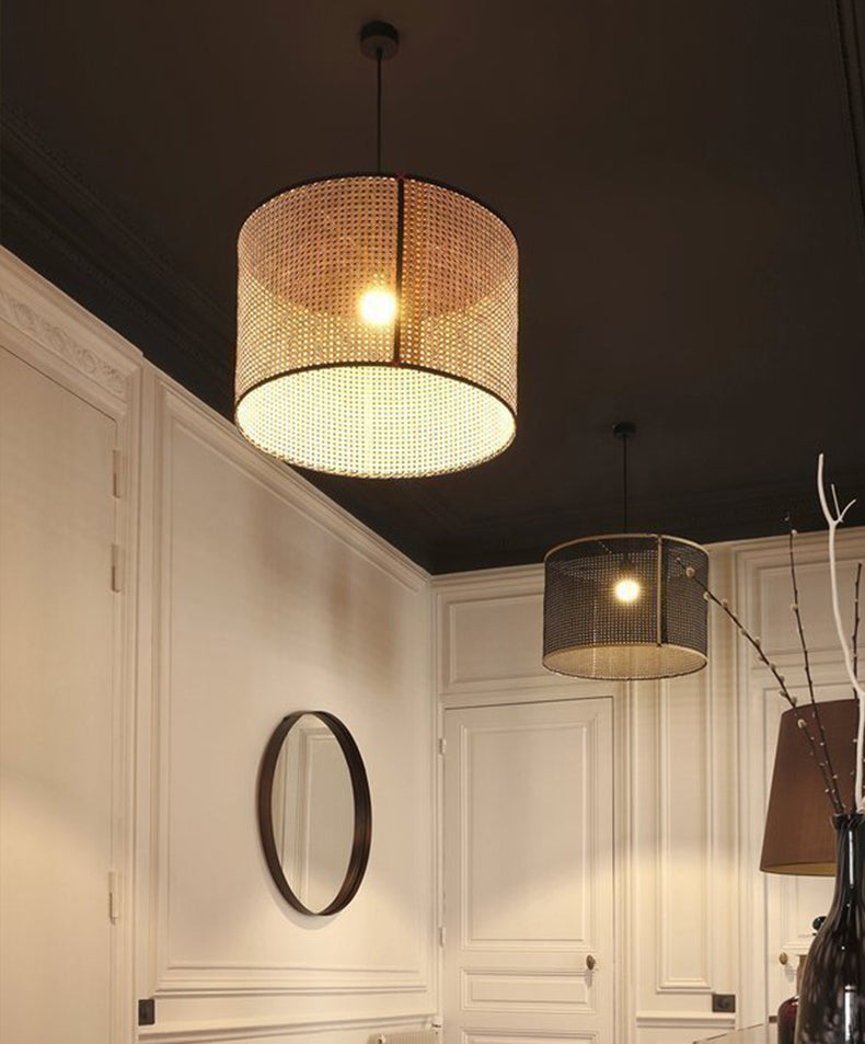 Beige Hand-Worked Pendant Chinese Style 1 Bulb Bamboo Cylindrical Hanging Light for Dining Table