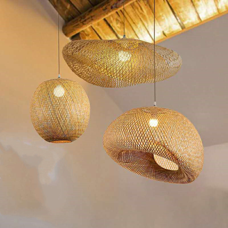 Beige Hand-Worked Pendant Chinese Style Single Light Bamboo Hanging Light for Dining Table