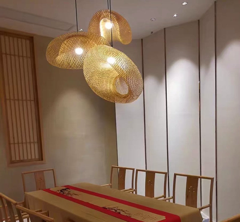 Beige Hand-Worked Pendant Chinese Style Single Light Bamboo Hanging Light for Dining Table