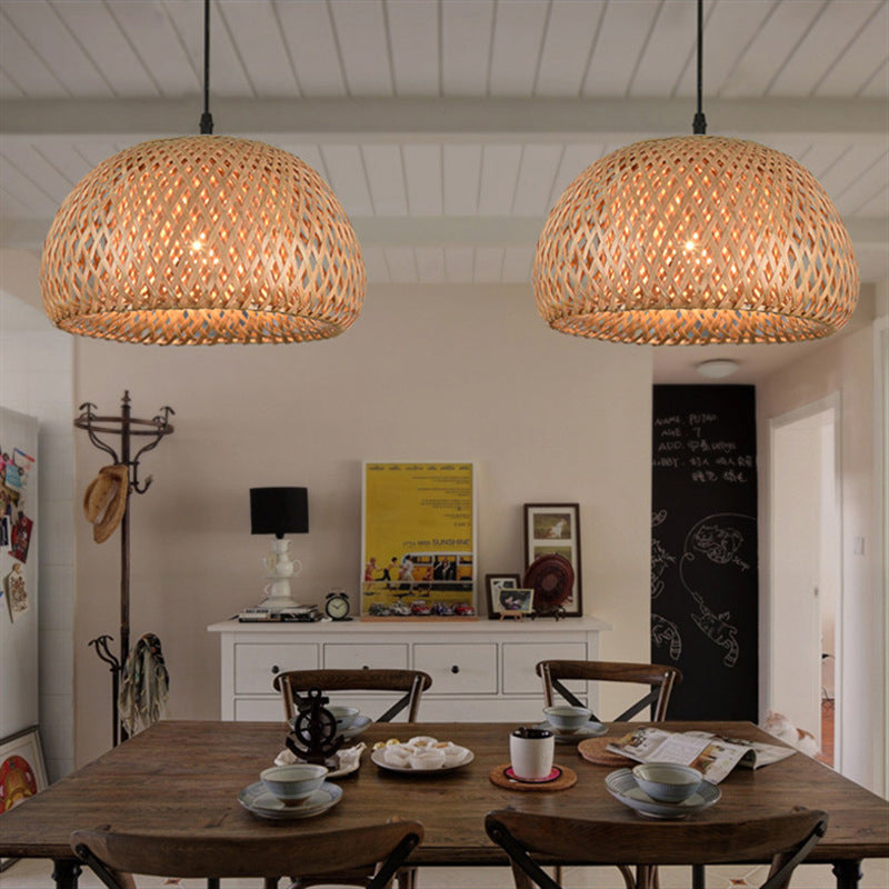 Double Walled Dome Hanging Lamp Asian Bamboo 1-Light Beige Hanging Pendant for Restaurant