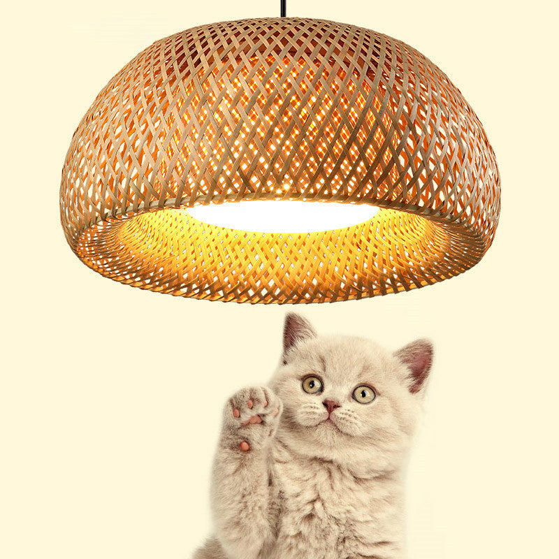 Double Walled Dome Hanging Lamp Asian Bamboo 1-Light Beige Hanging Pendant for Restaurant