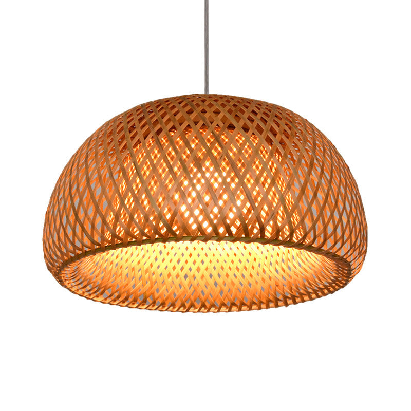 Double Walled Dome Hanging Lamp Asian Bamboo 1-Light Beige Hanging Pendant for Restaurant