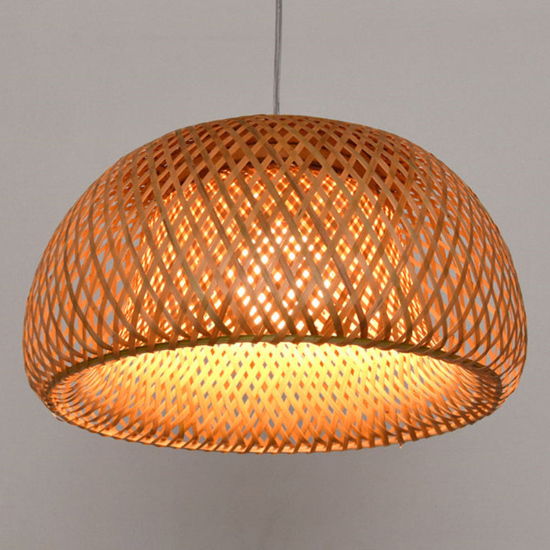 Double Walled Dome Hanging Lamp Asian Bamboo 1-Light Beige Hanging Pendant for Restaurant