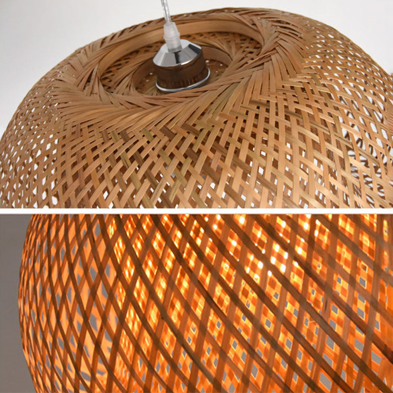 Double Walled Dome Hanging Lamp Asian Bamboo 1-Light Beige Hanging Pendant for Restaurant