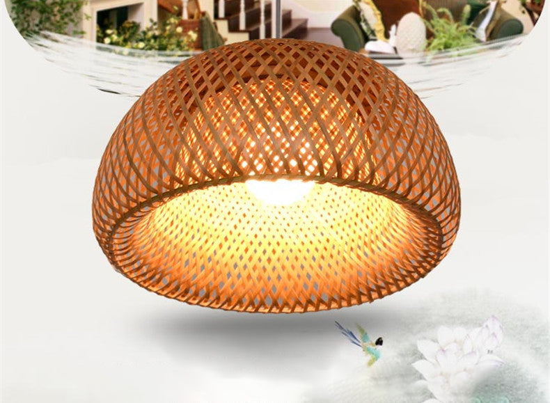 Double Walled Dome Hanging Lamp Asian Bamboo 1-Light Beige Hanging Pendant for Restaurant