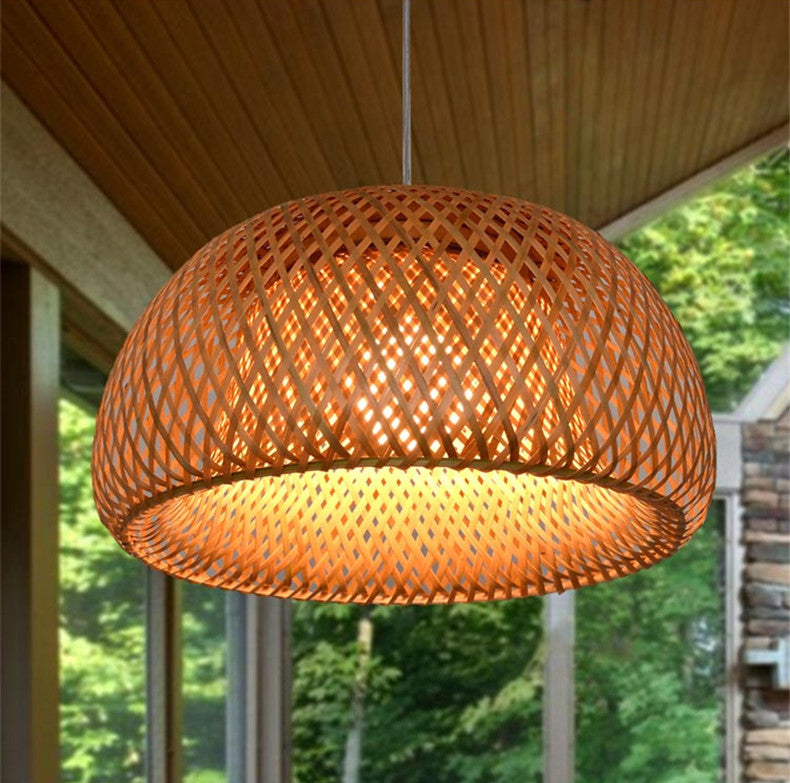 Double Walled Dome Hanging Lamp Asian Bamboo 1-Light Beige Hanging Pendant for Restaurant