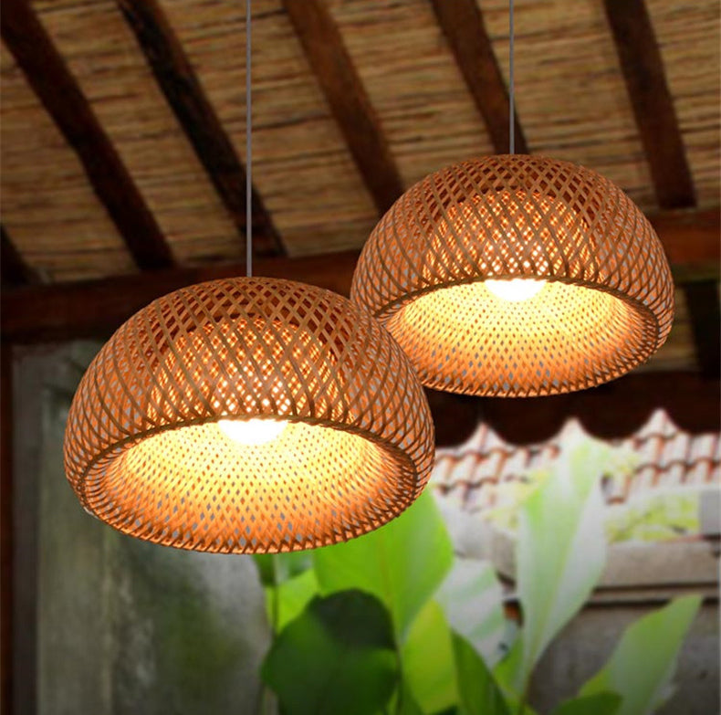 Double Walled Dome Hanging Lamp Asian Bamboo 1-Light Beige Hanging Pendant for Restaurant