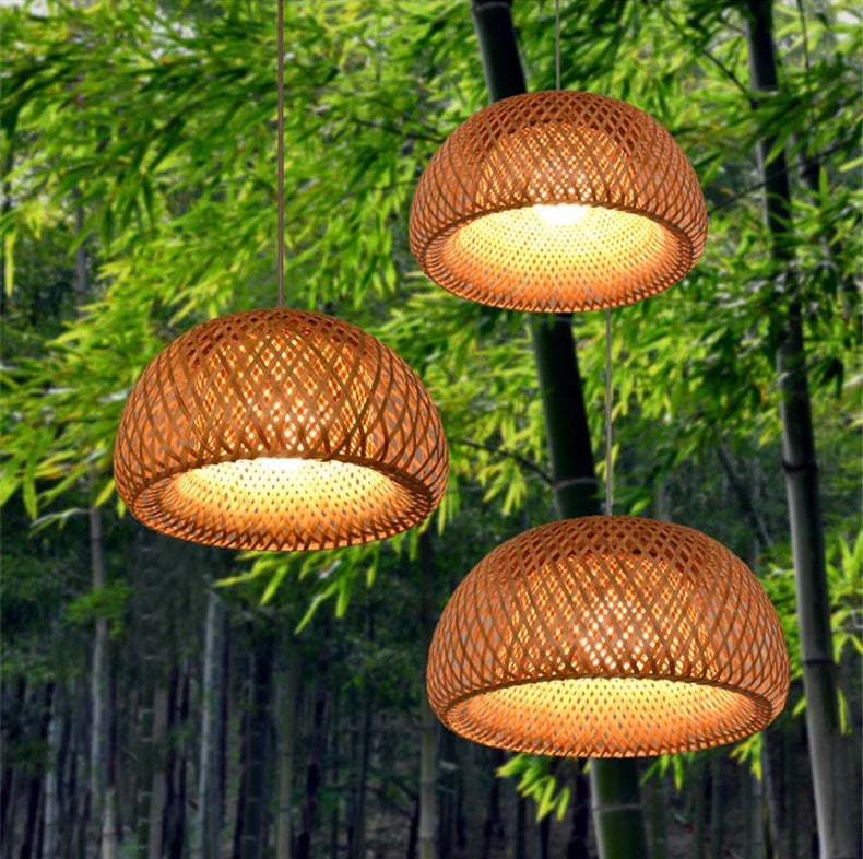 Double Walled Dome Hanging Lamp Asian Bamboo 1-Light Beige Hanging Pendant for Restaurant