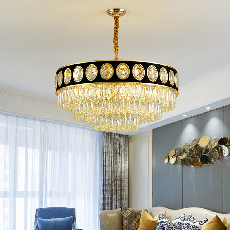 Black and Gold 3 Tiers Hanging Light Postmodern 9/11 Heads Crystal Block Chandelier Lighting, 19.5"/23.5" Wide