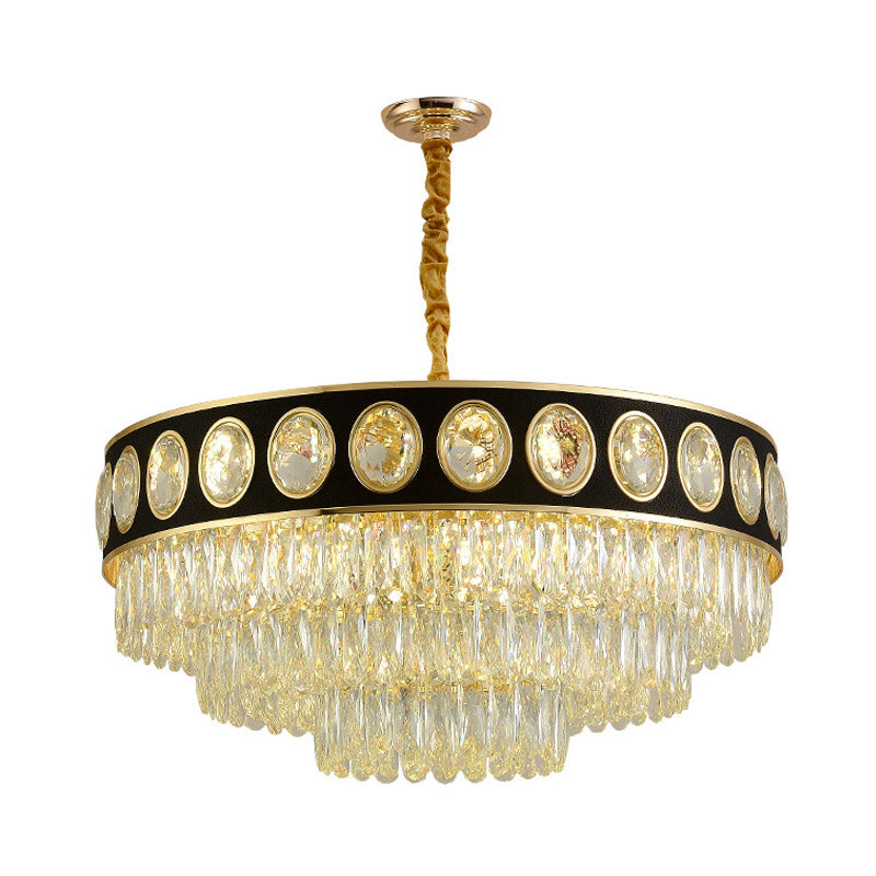 Black and Gold 3 Tiers Hanging Light Postmodern 9/11 Heads Crystal Block Chandelier Lighting, 19.5"/23.5" Wide