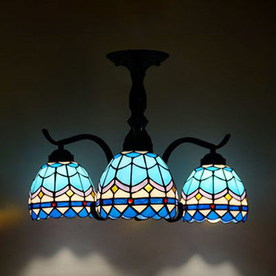 3/5 Lights Semi Flushmount with Shade Tiffany Style Stained Glass Semi Flush Lamp in Red/Blue/Green/Blue-White for Stairway