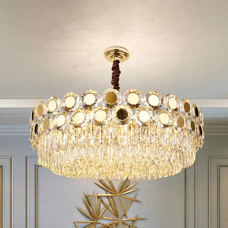 Drum Faceted Crystal Hanging Chandelier Contemporary 9 Heads Brass Ceiling Pendant Light