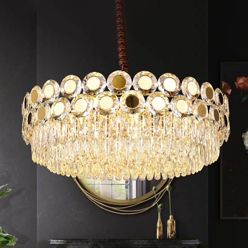 Drum Faceted Crystal Hanging Chandelier Contemporary 9 Heads Brass Ceiling Pendant Light