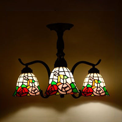 3/5 Lights Semi Flushmount with Shade Tiffany Style Stained Glass Semi Flush Lamp in Red/Blue/Green/Blue-White for Stairway