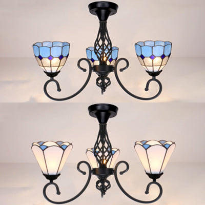 3 Lights Stained Glass Ceiling Light Vintage Tiffany Surface Mount Ceiling Light in White/Blue