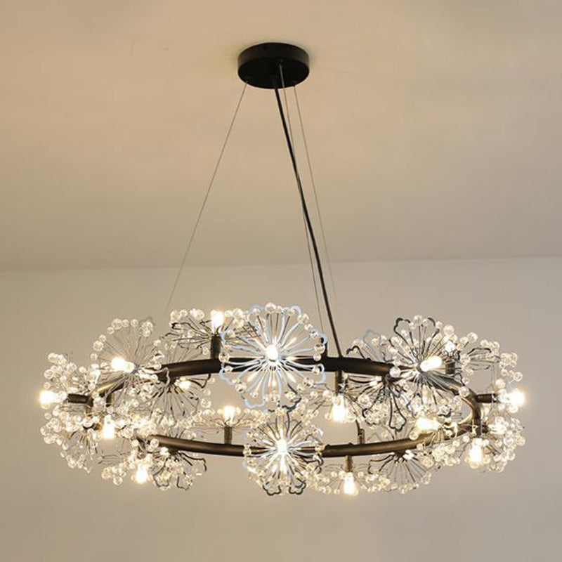 Flower Living Room Hanging Light Fixture Crystal Beaded 15 Heads Contemporary Chandelier Lamp in Black