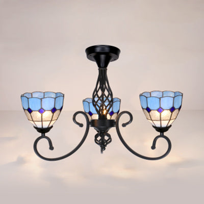 3 Lights Stained Glass Ceiling Light Vintage Tiffany Surface Mount Ceiling Light in White/Blue