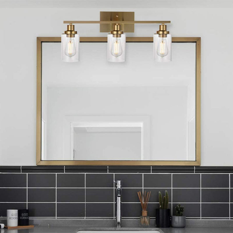 3 Lights Modernism Brass Bathroom Vanity Lighting with Cylinder Clear Glass Shade