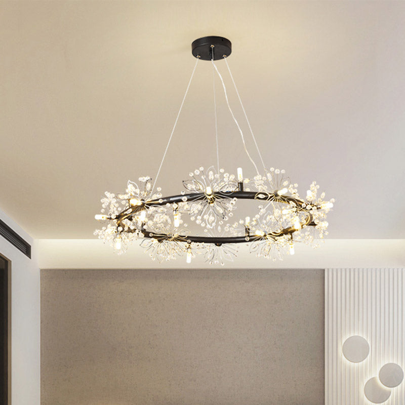 Circle Crystal Beaded Hanging Chandelier Minimalist Black 20.5"/26"/34" Wide LED Ceiling Lamp