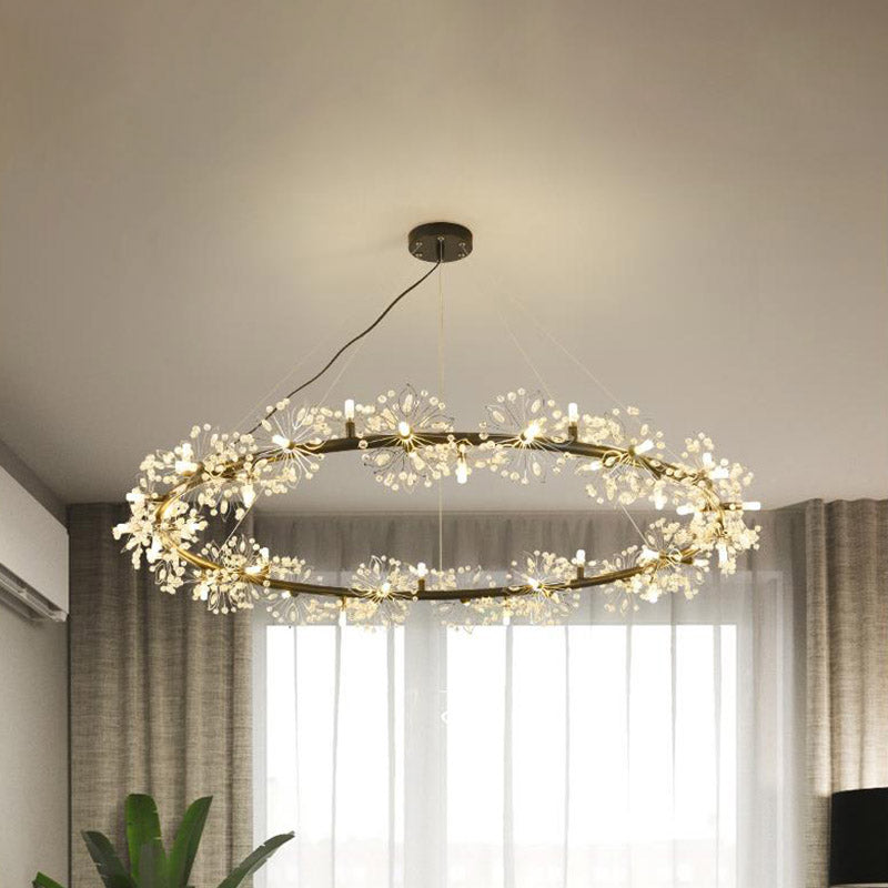 Circle Crystal Beaded Hanging Chandelier Minimalist Black 20.5"/26"/34" Wide LED Ceiling Lamp