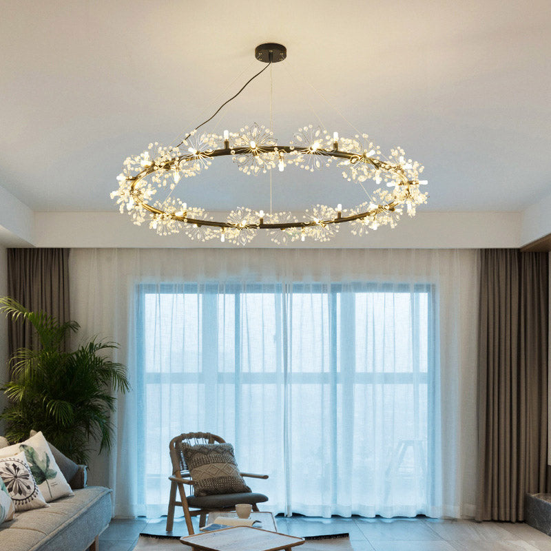 Circle Crystal Beaded Hanging Chandelier Minimalist Black 20.5"/26"/34" Wide LED Ceiling Lamp