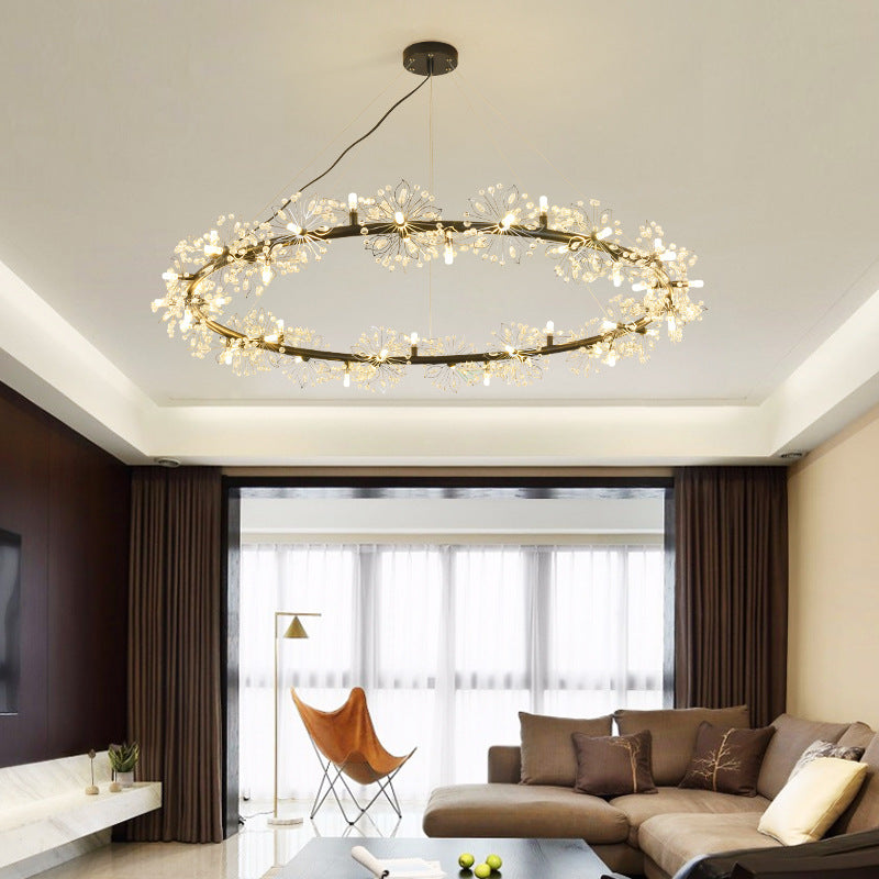 Circle Crystal Beaded Hanging Chandelier Minimalist Black 20.5"/26"/34" Wide LED Ceiling Lamp